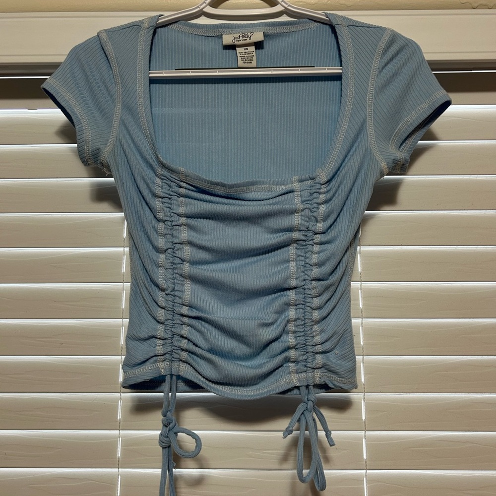Fitted Blue Blouse with Ruched Tie Front